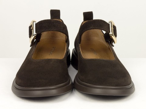 Жіночі замшеві туфлі коричневого кольору Mary Jane з ремінцем та золотою пряжкою від Gino Figini, фото 5