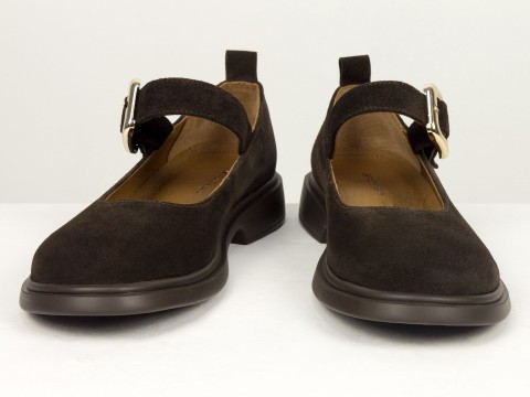 Жіночі замшеві туфлі коричневого кольору Mary Jane з ремінцем та золотою пряжкою від Gino Figini, фото 6