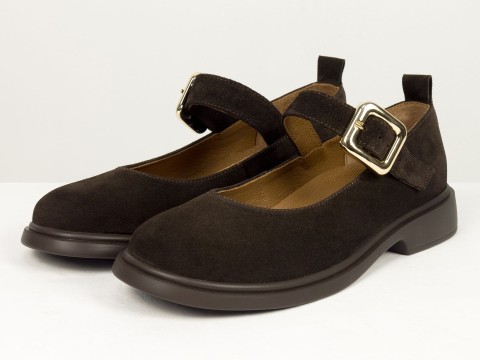 Жіночі замшеві туфлі коричневого кольору Mary Jane з ремінцем та золотою пряжкою від Gino Figini, фото 3