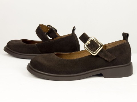 Жіночі замшеві туфлі коричневого кольору Mary Jane з ремінцем та золотою пряжкою від Gino Figini, фото 8