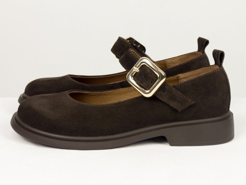 Жіночі коричневі замшеві туфлі Mary Jane з ремінцем та золотою пряжкою Gino Figini