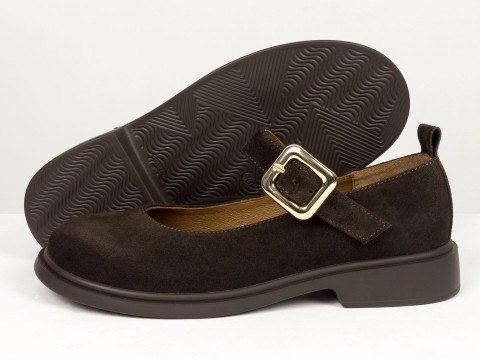 Жіночі замшеві туфлі коричневого кольору Mary Jane з ремінцем та золотою пряжкою від Gino Figini, фото 4