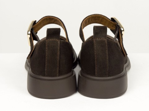 Жіночі замшеві туфлі коричневого кольору Mary Jane з ремінцем та золотою пряжкою від Gino Figini, фото 11