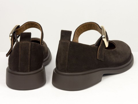 Жіночі замшеві туфлі коричневого кольору Mary Jane з ремінцем та золотою пряжкою від Gino Figini, фото 10