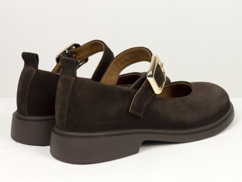 Жіночі замшеві туфлі коричневого кольору Mary Jane з ремінцем та золотою пряжкою від Gino Figini, фото 9