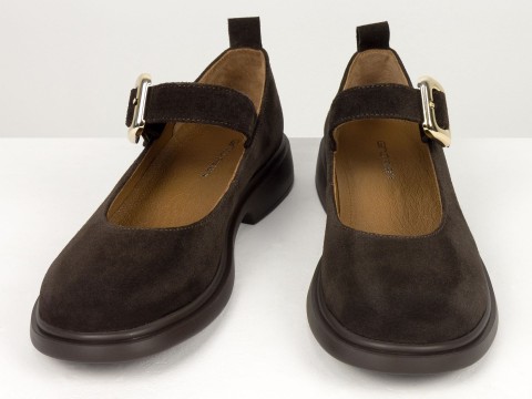 Жіночі замшеві туфлі коричневого кольору Mary Jane з ремінцем та золотою пряжкою від Gino Figini, фото 2