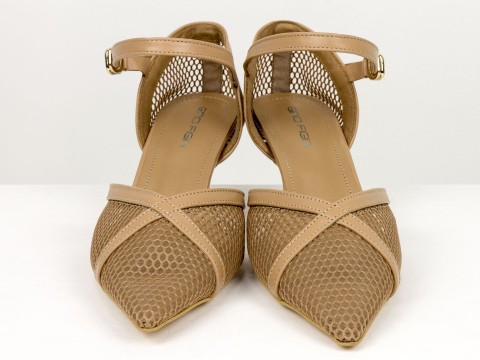 Бежеві жіночі туфлі з сіткою на невисоких підборах Gino Figini, фото 4