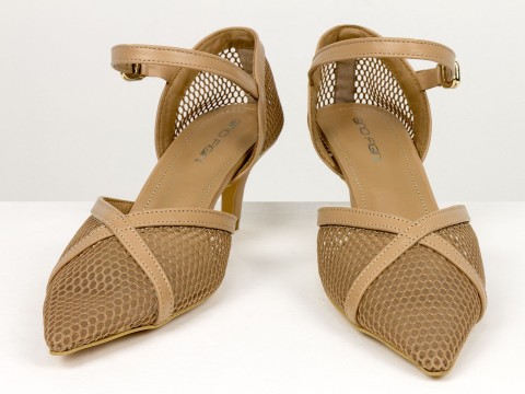 Бежеві жіночі туфлі з сіткою на невисоких підборах Gino Figini, фото 5