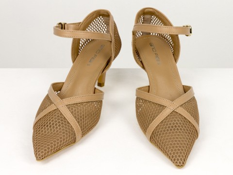 Бежеві жіночі туфлі з сіткою на невисоких підборах Gino Figini, фото 2