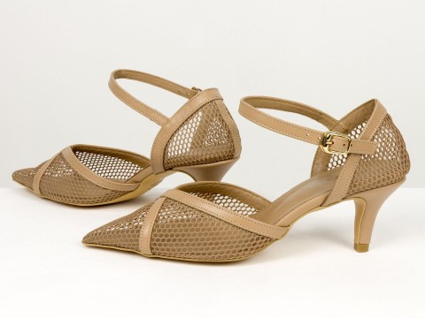 Бежеві жіночі туфлі з сіткою на невисоких підборах Gino Figini, фото 7