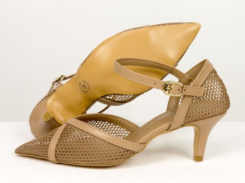 Бежеві жіночі туфлі з сіткою на невисоких підборах Gino Figini, фото 3