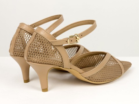 Бежеві жіночі туфлі з сіткою на невисоких підборах Gino Figini, фото 8
