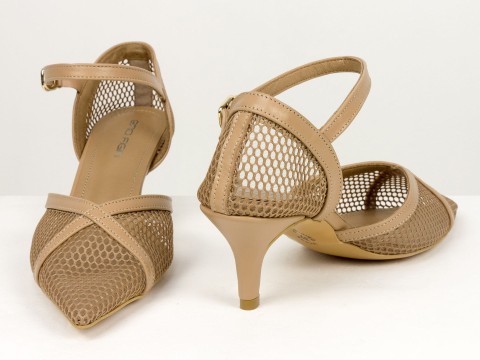 Бежеві жіночі туфлі з сіткою на невисоких підборах Gino Figini, фото 6