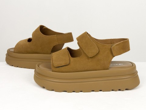 Жіночі сандалі на платформі з натуральної замші кольору кориця Gino Figini, фото 7