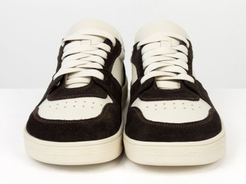 Женские анатомичные  кеды из натуральной молочной  кожи и замши коричневого цвета Gino Figini, фото 4