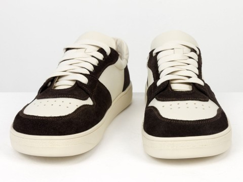 Женские анатомичные  кеды из натуральной молочной  кожи и замши коричневого цвета Gino Figini, фото 5