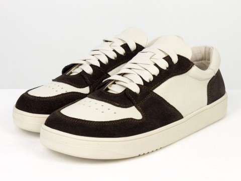 Женские анатомичные  кеды из натуральной молочной  кожи и замши коричневого цвета Gino Figini, фото 2