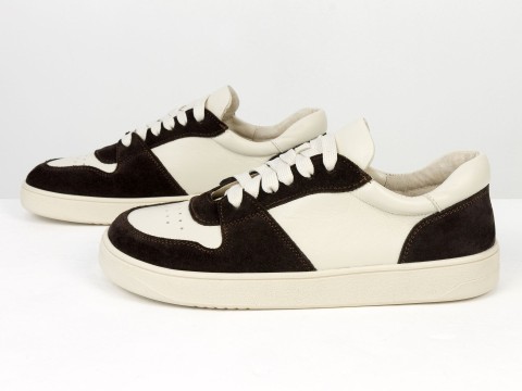 Женские анатомичные  кеды из натуральной молочной  кожи и замши коричневого цвета Gino Figini, фото 7