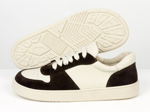 Женские анатомичные  кеды из натуральной молочной  кожи и замши коричневого цвета Gino Figini, фото 3