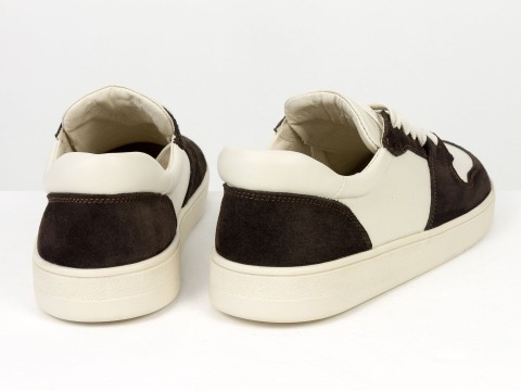 Женские анатомичные  кеды из натуральной молочной  кожи и замши коричневого цвета Gino Figini, фото 9