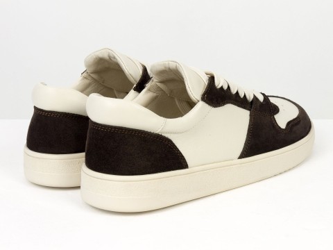 Женские анатомичные  кеды из натуральной молочной  кожи и замши коричневого цвета Gino Figini, фото 8