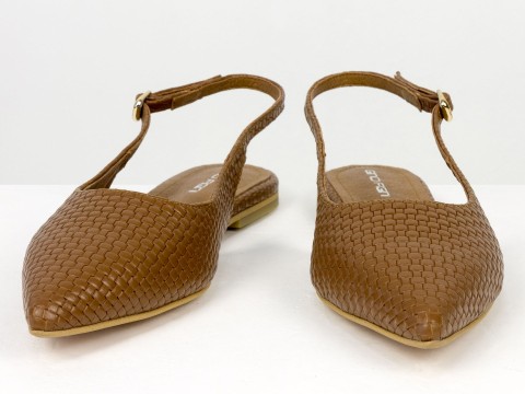 Жіночі балетки slingback з плетеної натуральної шкіри кольору молочний шоколад Gino Figini, фото 6