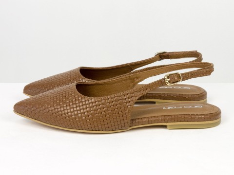 Жіночі балетки slingback з плетеної натуральної шкіри кольору молочний шоколад Gino Figini