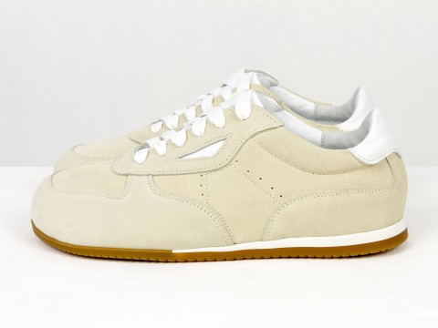 Женские кремовые замшевые кеды с белыми кожаными вставками Gino Figini