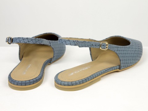 Жіночі балетки slingback з плетеної натуральної шкіри сіро-блакитного кольору Gino Figini, фото 10