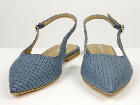 Жіночі балетки slingback з плетеної натуральної шкіри сіро-блакитного кольору Gino Figini, фото 3