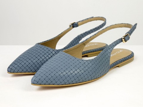 Жіночі балетки slingback з плетеної натуральної шкіри сіро-блакитного кольору Gino Figini, фото 5