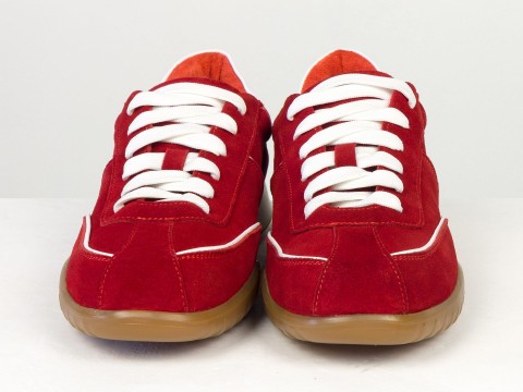 Жіночі кросівки з натуральної замші червоного кольору з контрастними білими вставками Gino Figini, фото 4