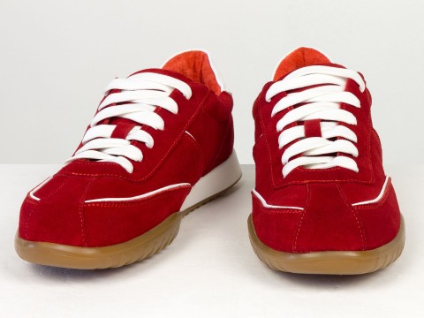 Жіночі кросівки з натуральної замші червоного кольору з контрастними білими вставками Gino Figini, фото 6