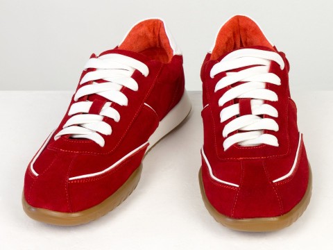 Жіночі кросівки з натуральної замші червоного кольору з контрастними білими вставками Gino Figini, фото 5