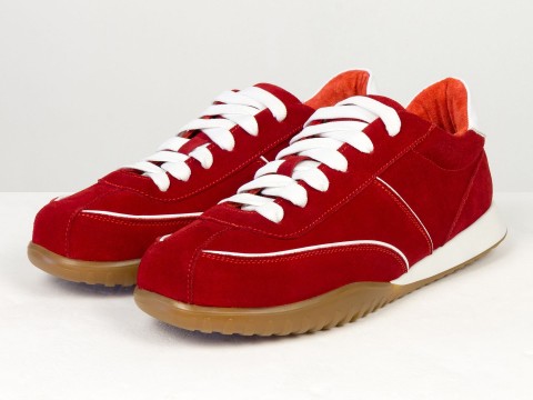 Жіночі кросівки з натуральної замші червоного кольору з контрастними білими вставками Gino Figini, фото 2