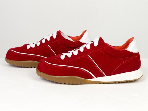 Жіночі кросівки з натуральної замші червоного кольору з контрастними білими вставками Gino Figini, фото 8