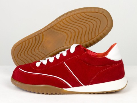 Жіночі кросівки з натуральної замші червоного кольору з контрастними білими вставками Gino Figini, фото 3