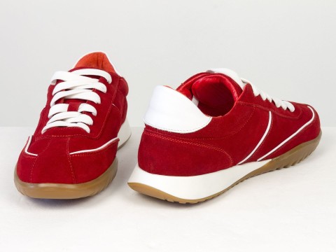 Жіночі кросівки з натуральної замші червоного кольору з контрастними білими вставками Gino Figini, фото 7