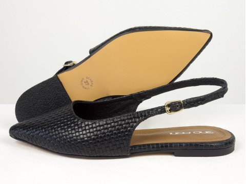 Жіночі балетки slingback з плетеної натуральної шкіри чорного кольору Gino Figini, фото 3