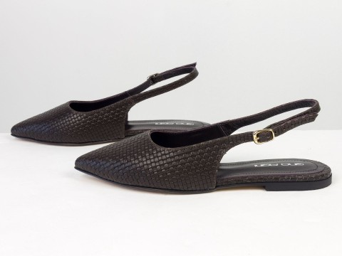 Жіночі балетки slingback з плетеної натуральної шкіри кольору гіркий шоколад Gino Figini, фото 7