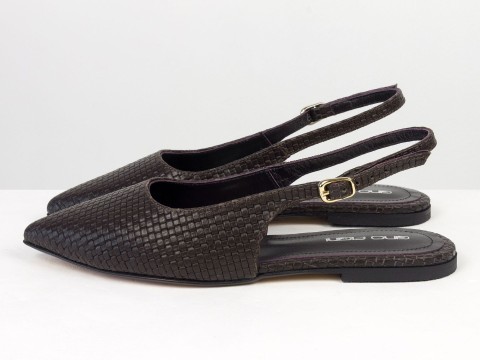 Жіночі балетки slingback з плетеної натуральної шкіри кольору гіркий шоколад Gino Figini