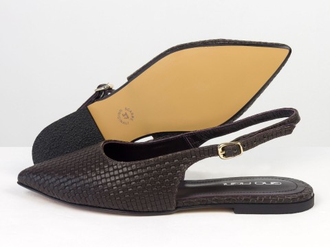Жіночі балетки slingback з плетеної натуральної шкіри кольору гіркий шоколад Gino Figini, фото 3