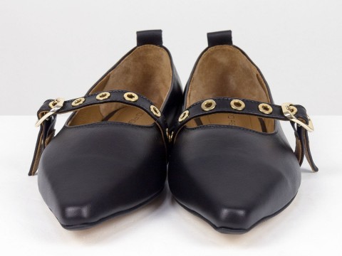 Женские балетки черного цвета из натуральной кожи с ремешком Gino Figini