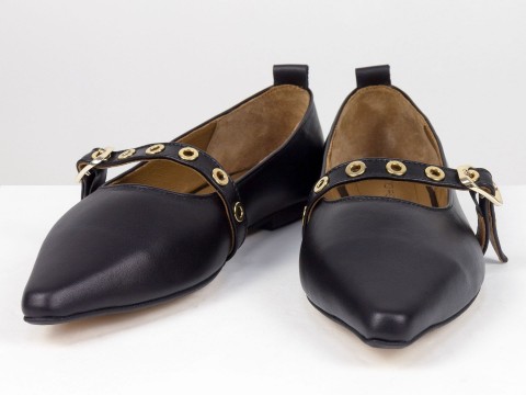 Женские балетки черного цвета из натуральной кожи с ремешком Gino Figini