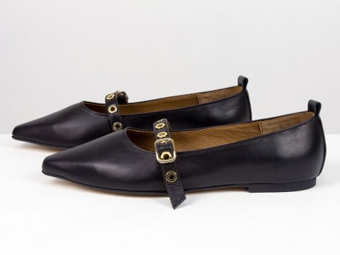 Женские балетки черного цвета из натуральной кожи с ремешком Gino Figini