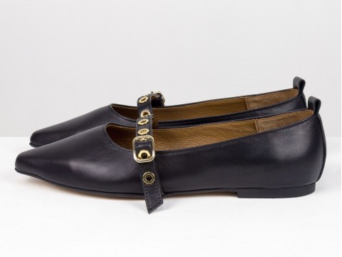 Женские балетки черного цвета из натуральной кожи и ремешком Gino Figini