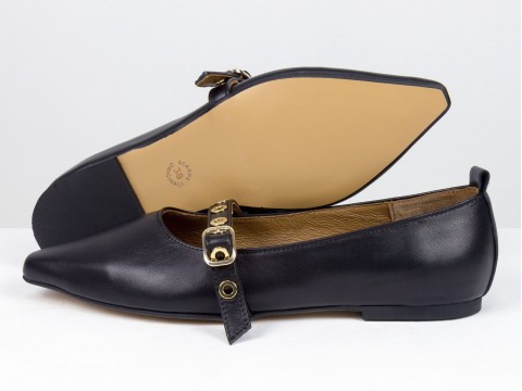 Женские балетки черного цвета из натуральной кожи с ремешком Gino Figini