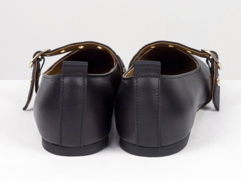 Женские балетки черного цвета из натуральной кожи с ремешком Gino Figini