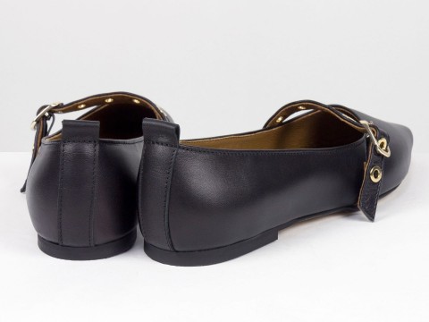 Женские балетки черного цвета из натуральной кожи с ремешком Gino Figini