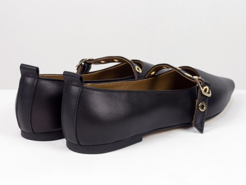 Женские балетки черного цвета из натуральной кожи с ремешком Gino Figini